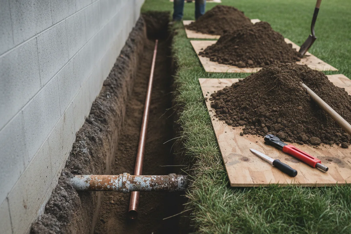 Excavated water line trench during Water Heater Repair in Lawsonville